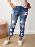 Jeans casual crop skinny a vita alta con stampa floreale e effetto consumato, per taglie forti donne
