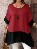Camicia casual da donna taglie forti, stile campestre, collo tondo, maniche a pipistrello corte, vestibilità morbida, orlo asimmetrico con spacco laterale, blocchi di colore, estiva