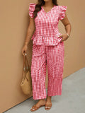 Completo casual da donna taglia curvy, composto da camicia con maniche a campana e pantaloni a quadri, set di 2 pezzi, per l'estate