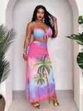 Set da 3 pezzi taglie forti da donna: costume da bagno con stampa colore casuale, adatto per vacanze e uso quotidiano, sexy, con spalline sottili, reggiseno imbottito e gonna sarong a metà