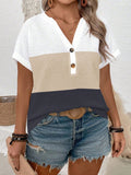 Maglietta casual casual a maniche corte con scollo a V e bottoni, per donne taglia comoda