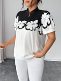 Camicia casual e ampia da donna con stampa a contrasto di colore nero e bianco, a maniche corte, per outfit estivi, taglie forti