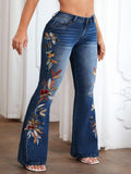 Jeans a zampa d'elefante casual con lavaggio e ricamo floreale, di taglie comode