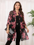 Camicia lunga con stampa floreale, manica a volant, monopetto, morbida e ampia, per taglie forti