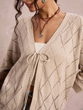 Cardigan casual con scollo a V e laccio anteriore, taglio traforato, taglia comoda, colore unito