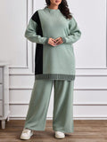 2 pezzi Set a costine verde menta - Maglione a collo alto bicolore lungo e pantaloni a zampa larga, outfit da relax, taglie comode
