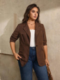 Blazer vintage marrone con stampa botanica in rilievo per taglie forti