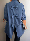 Camicia oversize da donna a tinta unita con decorazione fiocco, maniche a goccia, monopetto, manica lunga