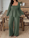 Set da 2 pezzi con top a maniche lunghe e scollo quadrato e pantaloni, in colore unito, taglie comode