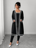 Completo casual da donna taglie forti, composto da cardigan a maniche lunghe a righe e pantaloni, 2 pezzi