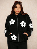 Giacca in pile con ricamo e blocchi di colore, stile casual minimalista