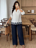 Set casual da 2 pezzi da donna taglie forti, composto da camicia con scollo a V, maniche a polsino e pantaloni, con ricamo e effetto bruciato