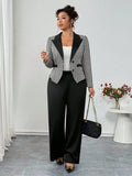 Set da 2 pezzi, blazer aderente a maniche lunghe con colletto in tessuto a pied-de-poule morbido e pantaloni dritti in maglia tinta unita