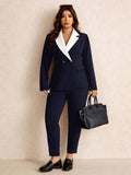 Completo elegante e minimalista da donna in blu navy, taglia comoda, giacca blazer + pantaloni lunghi