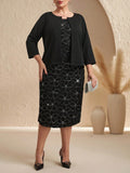 Completo da donna taglie forti: abito smanicato con cintura e giacca monocromatica
