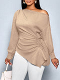 Camicetta di moda da donna taglie forti, con colletto asimmetrico, maniche lunghe, laccetti laterali e arricciature