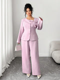 Set di giacca e pantaloni da donna taglie forti con fiocco rosa, chiusura con bottoni, vita stretta, design a-line, elegante e snellente