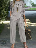 Set da 3 pezzi da donna taglie forti, composto da: cardigan con stampa floreale + canotta monocromatica + pantaloni