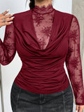 Maglia  a maniche lunghe con inserti in pizzo, taglia grande, colore bordeaux