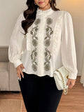 Camicetta ampia da donna con maniche a lanterna, collo alla coreana, arricciature e ricamo floreale