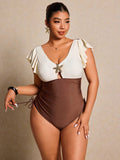 Costume da bagno intero taglia comoda con blocchi di colore e decorazione a stella marina, adatto per vacanze e spiaggia