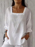 Camicetta da donna taglie forti, a maniche corte, con scollo quadrato, spalle cadenti, polsini arricciati, colore bianco