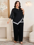 Completo elegante da donna taglie forti con scollo traforato, maniche a sbuffo con strass, patchwork, paillettes, nastro e orlo asimmetrico, pantaloni a zampa