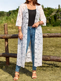 Cardigan lungo in pizzo casual da donna per vacanze estive, manica 3/4, taglia comoda, bianco tinta unita