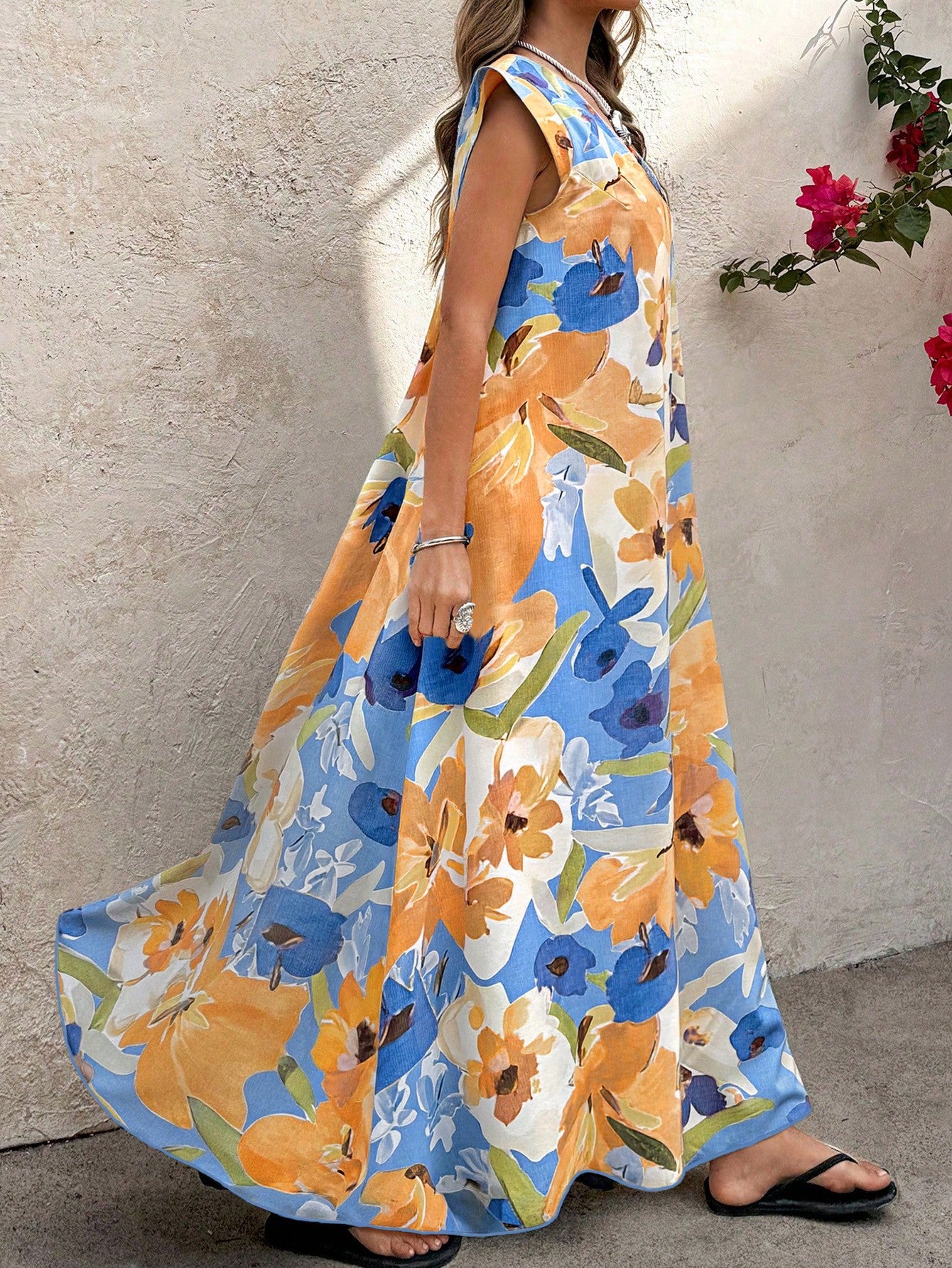 Abito Lungo Floerns Per Donna Plus Size - Stampa Floreale, Spalle Annodate, Orlo A Volant, Senza Maniche, Taglie 0XL-4XL