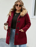 Taglie Forti Soprabito bordo sfocato con cappuccio Bottone duffle con doppia tasca