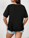 Maglietta Nera Taglia Extra Grande, Manica Corta Con Scollo A V E Dettaglio Di Pizzo, Vestibilità Ampia