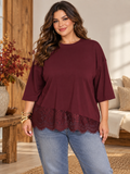 Maglia casual da donna taglie forti con scollo rotondo, maniche 3/4 e pizzo a contrasto