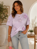 Maglietta casual da donna taglie forti a maniche corte, girocollo, con stampa floreale ricamata
