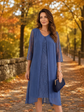 Abito elegante da donna taglie forti in chiffon blu con patchwork in pizzo e maniche 3/4