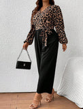 Taglie Forti Jumpsuit con stampa leopardo manica a lanterna con cintura
