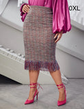 Gonna a tubino con frange a quadri Tweed