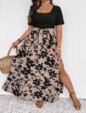 Abito casual da donna taglie forti con stampa floreale, con spacco laterale e orlo
