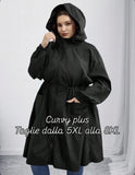 Cappotto lungo da donna taglie comode/curvy, nero con vita arricciata, adatto per la stagione autunnale/invernale