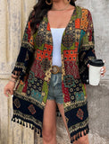 Kimono vintage con stampa e orlo frange, misura comoda, adatto per vacanza e spiaggia