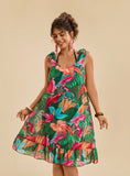Vestito copricostume casual verde con stampa di piante tropicali, taglio ampio con spalle annodate, adatto per la stagione estiva, per donne di taglia più grande