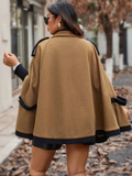 Giacca elegante con cappuccio in lana a colori a blocchi e maniche a raglan per donne taglie forti d'inverno