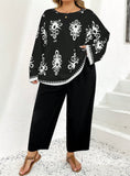 2 Pezzi/Set Taglie forti, Completo di Top stampato a maniche lunghe e colletto tondo e Pantaloni lunghi, Stile Boho per Vacanze