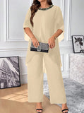 Completo  elegante da donna taglie forti con collo rotondo in chiffon, maniche a conchiglia e paillettes