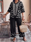 2 pezzi/set Top a scollo a V con stampa a pois e pantaloni larghi e dritti, completo casual