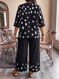 2 pezzi/set Top a scollo a V con stampa a pois e pantaloni larghi e dritti, completo casual