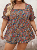 Camicia da donna con collo quadrato e maniche corte, a stampa integrale, stile bohémien