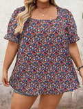 Camicia da donna con collo quadrato e maniche corte, a stampa integrale, stile bohémien