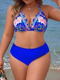 Set da bagno a 3 pezzi con bikini a stampa floreale casuale e collo alto, per taglie forti