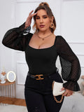 taglie forti Top con pois mesh manica svasata girocollo