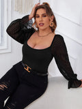 taglie forti Top con pois mesh manica svasata girocollo